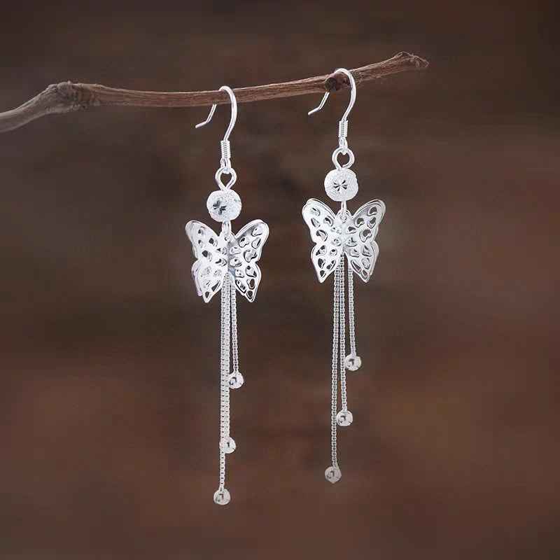 Sterling Silver Hollow Butterfly Tassel Earrings for Women | Elegant Long Dangle Jewelry
