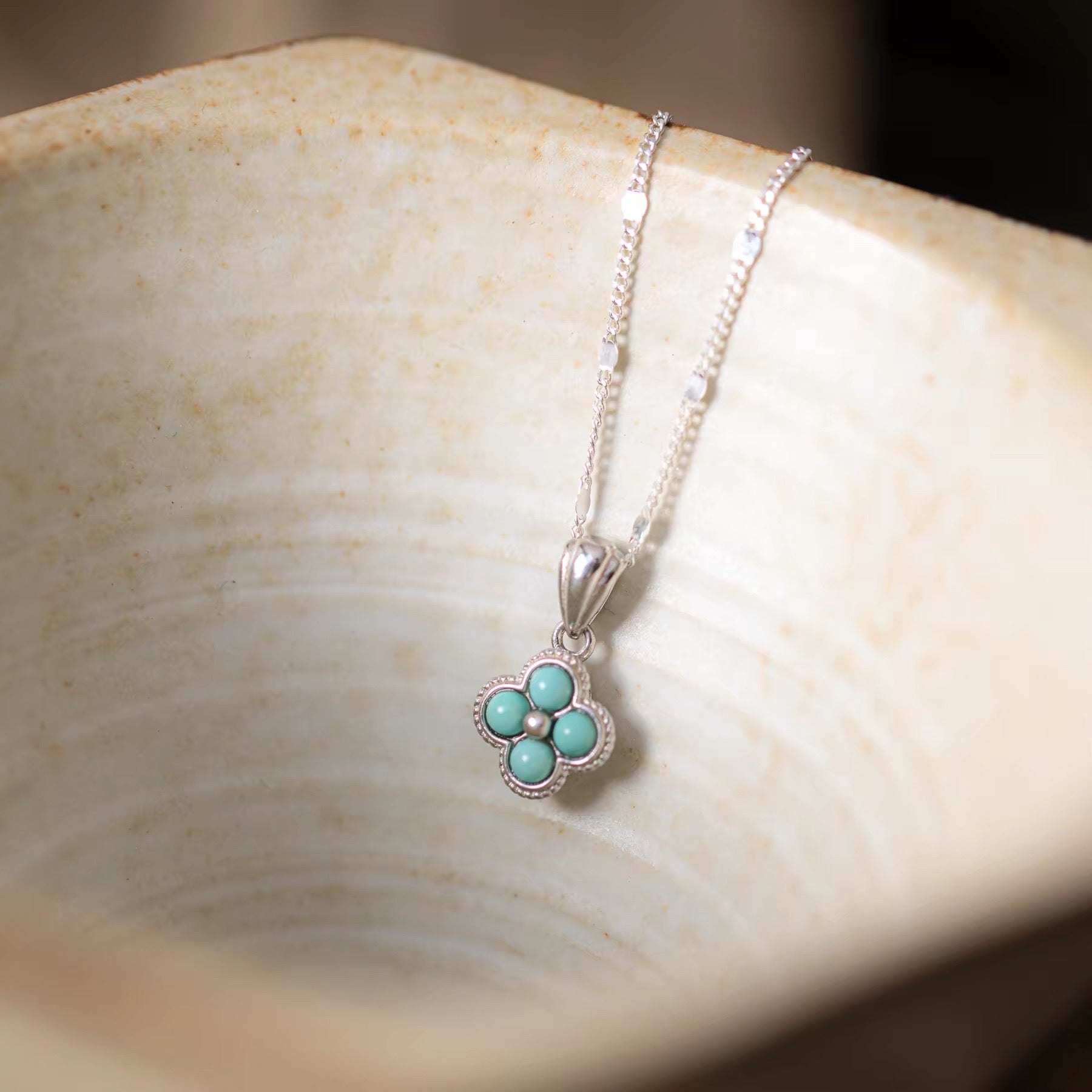Turquoise clover necklace with gold chain
