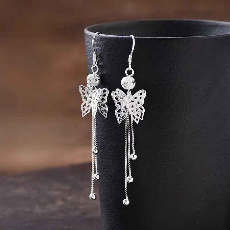Sterling Silver Hollow Butterfly Tassel Earrings for Women | Elegant Long Dangle Jewelry