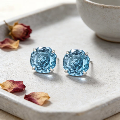 Sterling silver light blue octagon gemstone stud earrings
