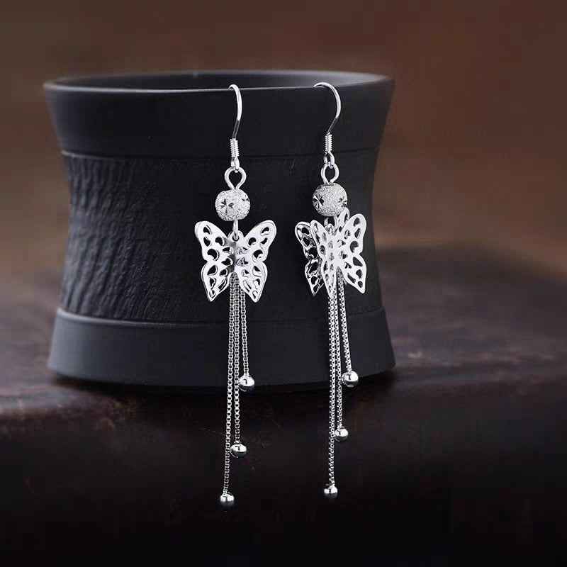 Sterling Silver Hollow Butterfly Tassel Earrings for Women | Elegant Long Dangle Jewelry